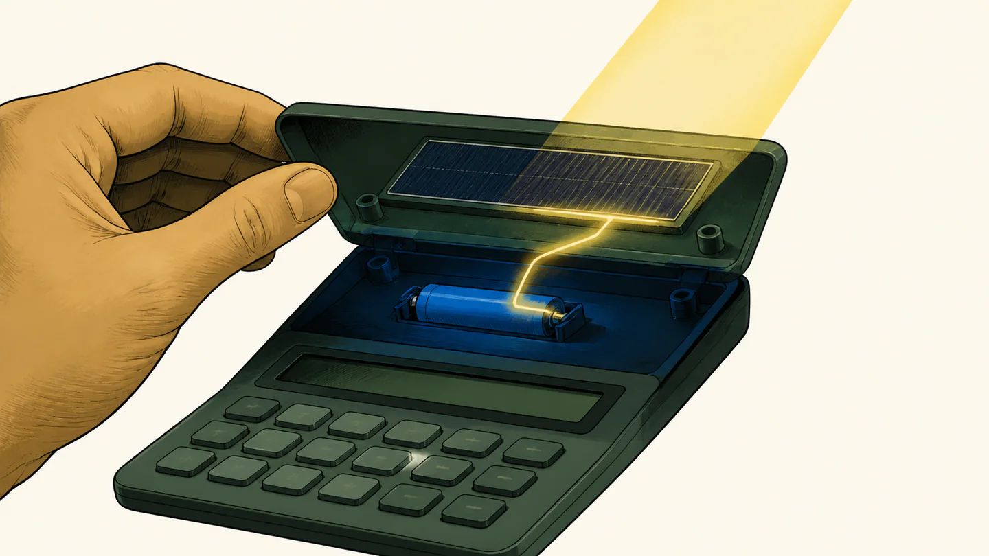 An opened calculator showing a solar panel handing power to a small reserve battery